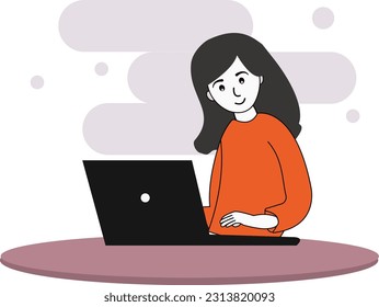 Beautiful women working on laptop. Business, Working, education and shopping concept illustration. Women wearing orange top.