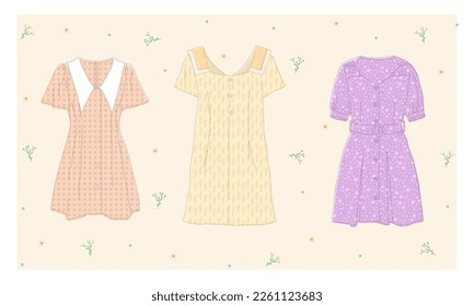 Beautiful womens dresses set. Vintage female apparel collection. Tender and pastel colors.