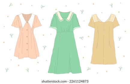 Beautiful womens dresses set. Vintage female apparel collection. Tender and pastel colors.