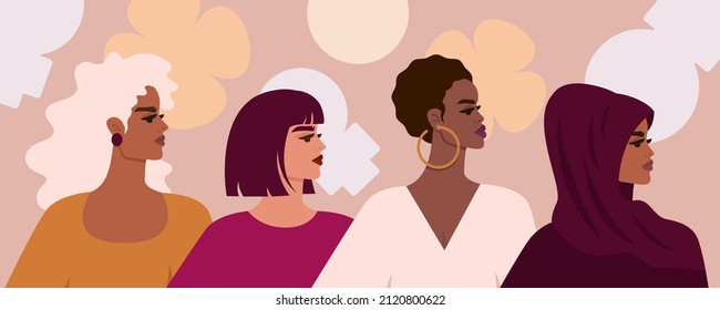 Beautiful women's faces in profile of different nationalities. International Women's Day. Movement for Women's Rights. Feminist concept. Flat cartoon style vector illustration for card, banner, flyer