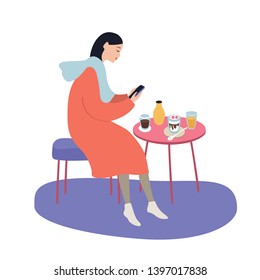 Beautiful womfa at coffee shop while drinking coffee and eating desserts , vector illustration on white background
