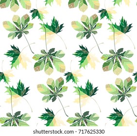 Beautiful wonderful graphic bright floral herbal autumn green yellow orange maple chestnut leaves pattern vector illustration