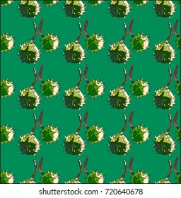 Beautiful wonderful graphic bright floral herbal autumn green chestnuts pattern on green background vector illustration.  Perfect for textile, wallpapers, wrapping paper, greeting cards