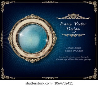 Beautiful Wood oval frame placed on blue background.With universal text frame. Thailand Royal gold photo frame on wooden pattern vector design template.