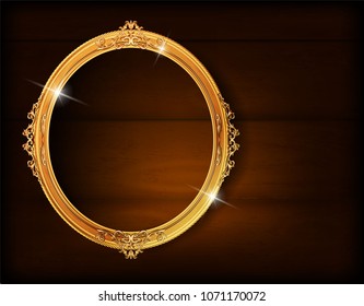 Beautiful Wood oval frame placed on a wooden background.With universal text frame. Thailand Royal gold photo frame on wooden pattern vector design template.