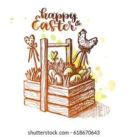 Beautiful wooden basket with Easter eggs. Lettering Happy Easter! With a gradient from brown to yellow. Against a background of green and yellow splashes.