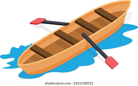 A beautiful wooden canoe with oars rests on a still lake.
