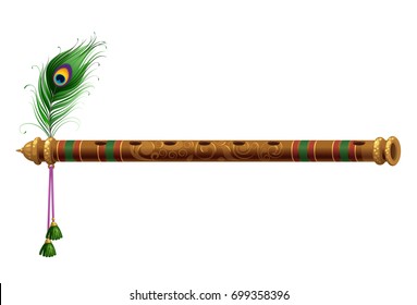 Beautiful wooden carved flute with peacock feather vector illustration