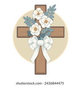 A beautiful wooden cross is decorated with flowers and a bow.  Vector illustration.