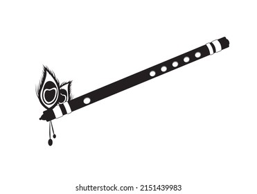 Beautiful wooden flute with peacock feathers vector isolated. Lord Krishna flute. Air blow musical instrument. 