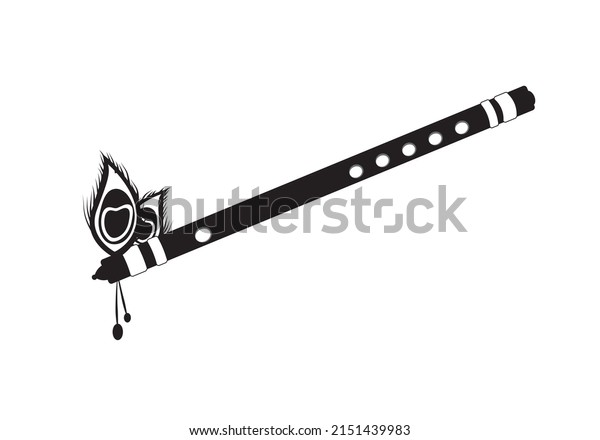 Beautiful wooden\
flute with peacock feathers vector isolated. Lord Krishna flute.\
Air blow musical instrument.\
