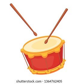 Beautiful wooden percussion musical instrument - drum with chopsticks. Traditional musical instrument drum for holidays, carnivals, fun events. Vector cartoon illustration isolated.