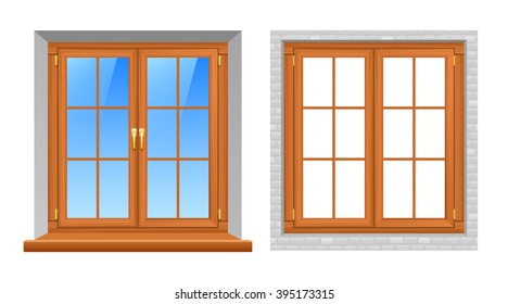 Beautiful wooden texture classic style window frames indoor and outside views 2 realistic icons set vector isolated illustration 