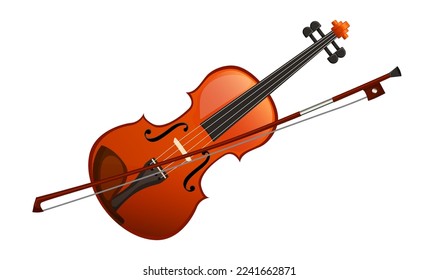 Beautiful wooden violin with a fiddle bow isolated on white background. Realistic musical instrument of musician. Vintage antique violin for orchestra of classical music concert. Vector illustration