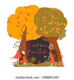 A beautiful woodland autumn scene with trees and grass and space in the centre