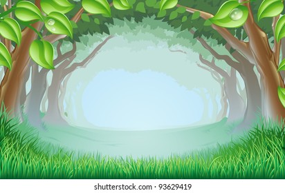 A beautiful woodland scene with trees and grass and space in the centre