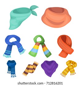 Beautiful woolen, silk-colored warm scarves of shawls. scarves and shawles icon in set collection on cartoon style vector symbol stock illustration.