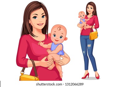 Beautiful Working Young Mother And Baby Vector Illustration