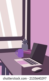beautiful workspace design fitting for people who loves flat illustration with purple theme. it can be use as background.