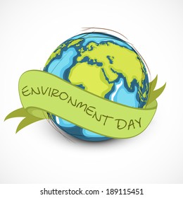 Beautiful world globe wrapped in green ribbon and stylish text Environment Day on grey background.
