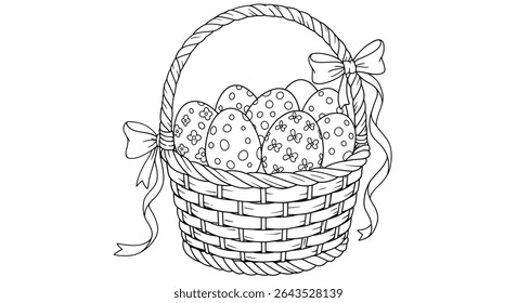 Beautiful Woven Easter Basket Outline Overflowing with Large Decorated Eggs Festive Holiday Illustration Art