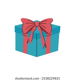 Beautiful wrapped blue gift box with red ribbon and bow isolated on blue background. Hand drawn vector flat colored illustration. Merry Christmas, Happy birthday, happy new year greeting