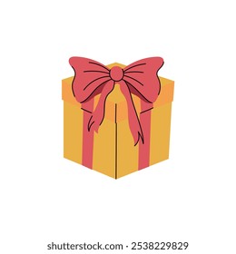 Beautiful wrapped yellow gift box with red ribbon and bow isolated on blue background. Hand drawn vector flat colored illustration. Merry Christmas, Happy birthday, happy new year greeting