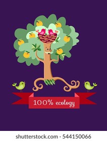 Beautiful wrapping design for fruit jam, juice, marmalade. Apple tree in the form of a stylized elderly mustachioed man in stylized fur hat in form nest. Cute cartoon ecology vector illustration -2. 
