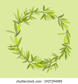 Beautiful wreath with bamboo stem and leaves. Set of bamboo tree leaves. Hand drawn botanical collection. 