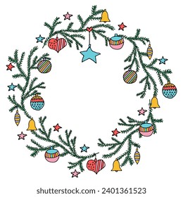 Beautiful wreath from branches of spruce tree  with christmas toys and stars in hand drawn style. Vector illustration
