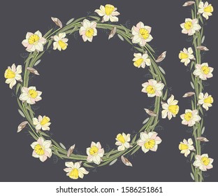 
Beautiful wreath of daffodils flowers and seamless vector brush. Flower brush.