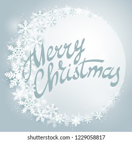 Beautiful wreath decorated with snowflakes. Merry Christmas vector text. New Year greeting card round template with creative typograph, background. Traditional winter season holiday poster template