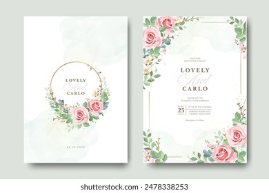 beautiful wreath floral wedding invitation card template with rose flowers