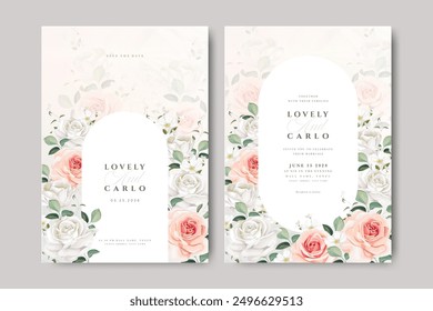 beautiful wreath floral wedding invitation card with roses flowers design	