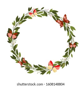Beautiful wreath with flowers and butterfly. For design card, invitations, web, scrapbooking - Valentines day, Women's day, 8 march.