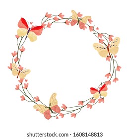 Beautiful wreath with flowers and butterfly. For design card, invitations, web, scrapbooking - Valentines day, Women's day, 8 march.