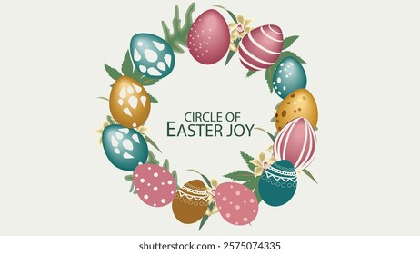 A beautiful wreath made of colorful Easter eggs arranged in a circular shape, surrounded by green leaves and delicate flowers. The center of the wreath features the text 'CIRCLE OF EASTER JOY,' symbol