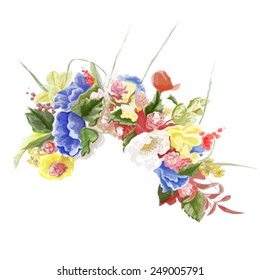 Beautiful wreath on the head of different fresh flowers.
