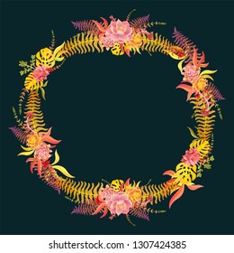 Beautiful wreath in red and yellow tones.Elegant vector floral collection. Can be used for greeting card or wedding invitation, natural cosmetics, health care, yoga center and other design
