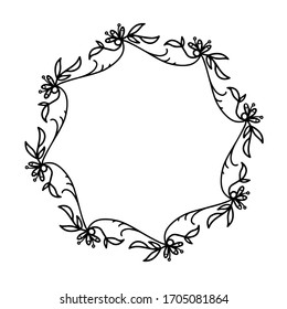 Beautiful wreath of repeating abstract flowers and elements on a white background. Black and white vector illustration of a floral wreath with place for text. Isolated outline object for your design.