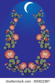 Beautiful wreath of roses on a blue background