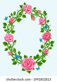 beautiful wreath of roses,butterflies,  leaves and bindweed. oval frame with a place for text. vector illustration, greeting card , invitation, banner