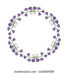 Beautiful wreath with wild blue flowers. Spring wild bells. Template for a romantic postcard with a place for inscription, text, lettering. Beautiful round frame with hearts and flowers.