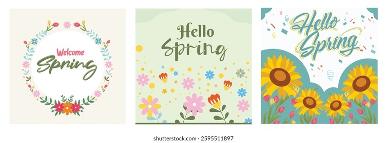 Beautiful wreath.Hello Spring with colorful flowers.Flowers bloom in spring. Cheerful spring background. Spring Flourishing concept. Set flat vector illustration.