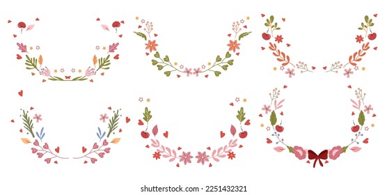 Beautiful wreaths with colorful flowers, leaves, berries, hearts and stars all around. A collection of wreaths for greeting cards, invitations to weddings, birthdays, etc. Vector.