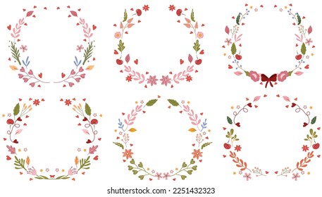 Beautiful wreaths with colorful flowers, leaves, berries, hearts and stars all around. A collection of wreaths for greeting cards, invitations to weddings, birthdays, etc. Vector.