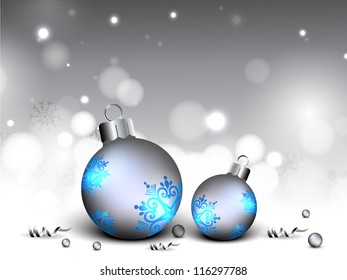 Beautiful Xmas balls decorated with stars on snowflakes background for Merry Christmas celebration. EPS 10.