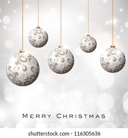 Beautiful Xmas balls on snowflakes background for Merry Christmas celebration. EPS 10.