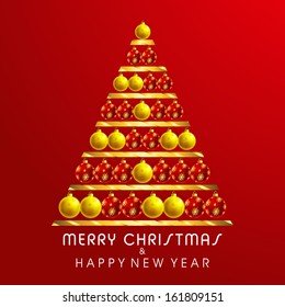 Beautiful Xmas tree decorated by golden and red Christmas balls on red background for Merry Christmas and Happy New Year celebration background. 