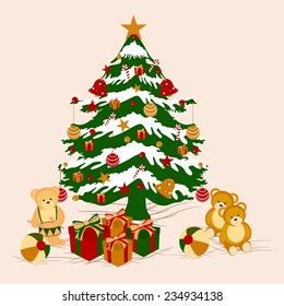 Beautiful X-mas tree with gift boxes and teddy bear for Merry Christmas and other occasion celebrations.